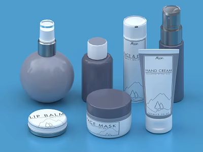 Modern Perfume and Skincare Collection with Lip Balm Face Mask Hand Cream Bottles 3d model