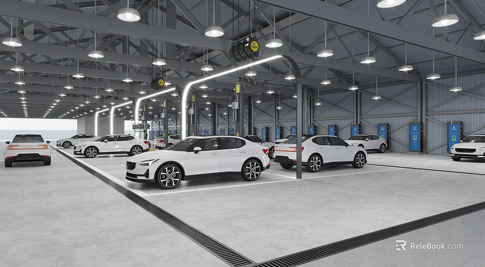 Modern Indoor Parking Facility With Multiple White Cars And Industrial Lighting 3d model 