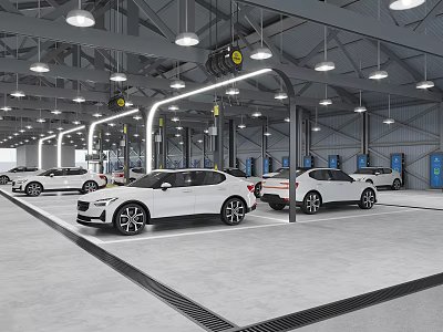 Modern Indoor Parking Facility With Multiple White Cars And Industrial Lighting 3d model