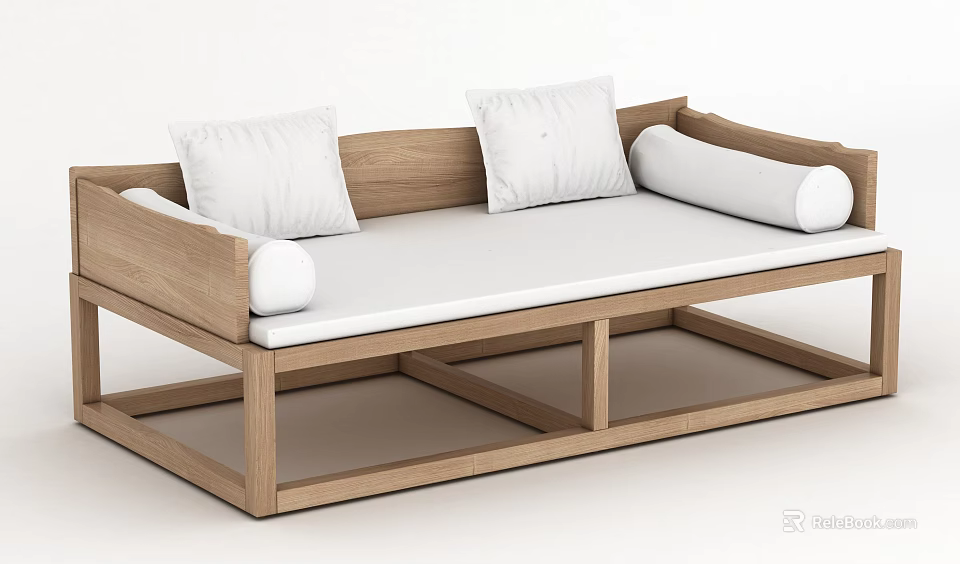 Modern Minimalist Wooden Daybed With Light Wood Frame White Mattress And Decorative Pillows 3d model 