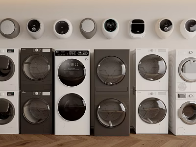 Front Loading Washing Machines Black White Gray Lined Up in Modern Laundry Room 3d model