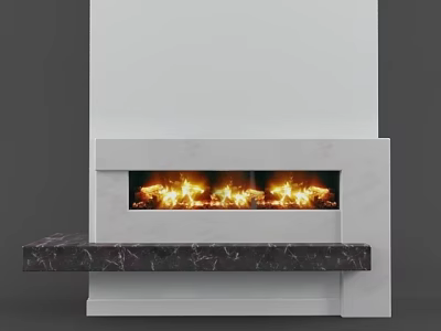 Modern Contemporary Fireplace With White Frame Marble Hearth And Burning Flames 3d model