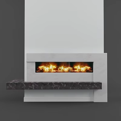 Modern Contemporary Fireplace With White Frame Marble Hearth And Burning Flames 3d model