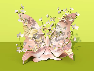 Pink Butterfly Shaped Photo Spot With White Yellow Flowers And Green Background 3d model