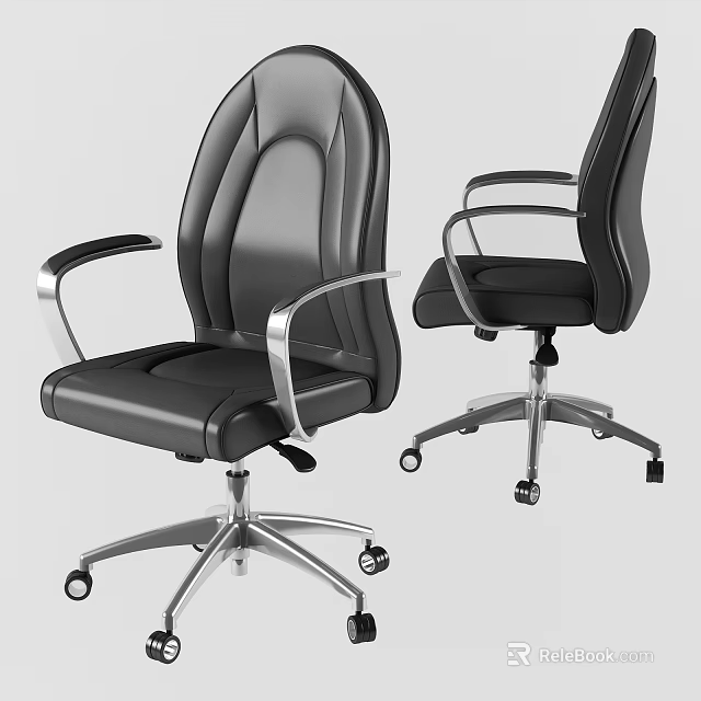 Modern Black Leather Office Chair With Silver Metal Frame And Swivel Wheels 3d model 