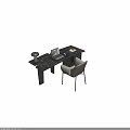 Modern Desk and Chair Set with Marble Top Beige White Armrest Laptop Lamp and Papers