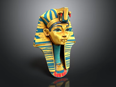 Intricate Egyptian Pharaoh Mask Sculpture With Golden Blue Red Decoration And Striped Headdress 3d model