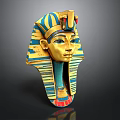 Intricate Egyptian Pharaoh Mask Sculpture With Golden Blue Red Decoration And Striped Headdress