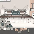 Cozy Kids Bed with Plush Bears Pillows Pointed Headboard and Wooden Toys