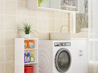 Storage Shelf in Laundry Room with Detergent Bottles Potted Plant and Washing Machine 3d model