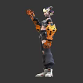 Two Short Haired Characters With Orange Black Mechanical Arms Ripped Pants Sneakers On Gray Background