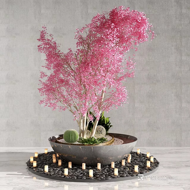 Pink Flowering Tree with Blossoms in Decorative Pot and Surrounding Candles for Indoor Decoration 3d model 