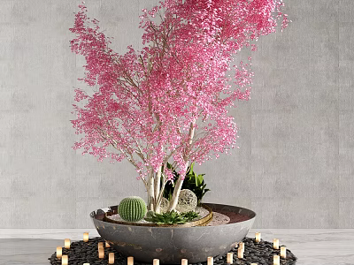 Pink Flowering Tree with Blossoms in Decorative Pot and Surrounding Candles for Indoor Decoration 3d model