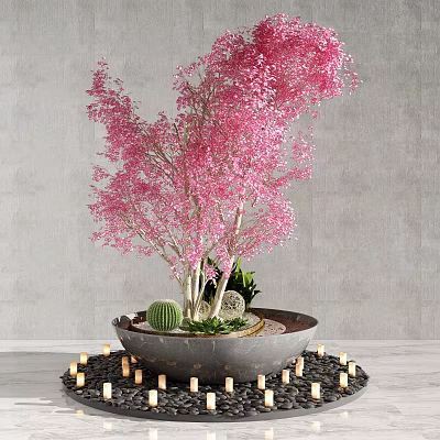 Pink Flowering Tree with Blossoms in Decorative Pot and Surrounding Candles for Indoor Decoration 3d model