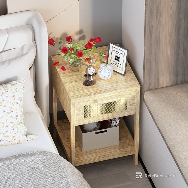 Light Wooden Nightstand With Red Flower Vase Photo Frame White Alarm Clock And Storage Box 3d model 
