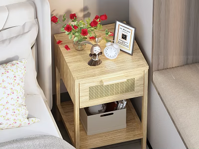 Light Wooden Nightstand With Red Flower Vase Photo Frame White Alarm Clock And Storage Box 3d model