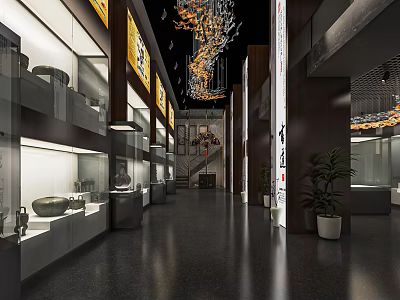 Modern Exhibition Hall Interior With Glass Display Cases And Hanging Chandeliers 3d model