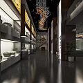 Modern Exhibition Hall Interior With Glass Display Cases And Hanging Chandeliers