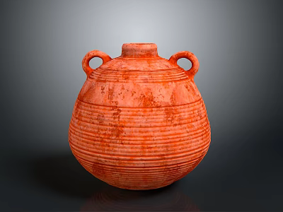 Orange Handmade Decorative Furniture Pottery Jar With Two Handles And Striped Texture 3d model