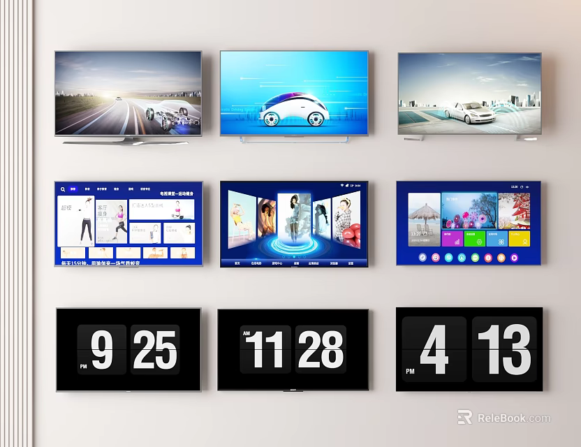 Multiple Modern TVs With Different Screen Displays And Digital Interfaces in Various Content Presentations 3d model