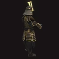 Game Movie Character in Golden Black Samurai Armor with Helmet and Armored Design