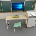 School Classroom Interior With Green Desks Chairs Globe Whiteboard And Lockers