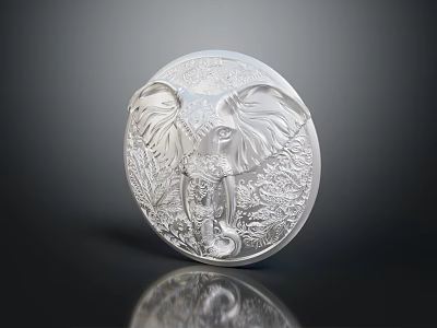Silver Round Jewelry Piece With Elephant Carving Intricate Design And Shiny Surface On Dark Background 3d model