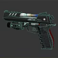Modern Black Pistol With Red Grip Blue Glowing Part And Metallic Structure