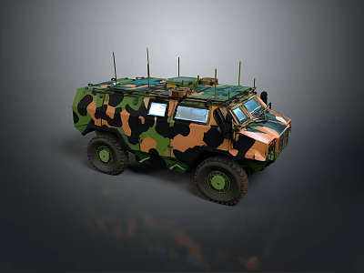 Camouflaged Military Tank Featuring Multiple Antennas Four Wheels And Green Brown Patterns 3d model