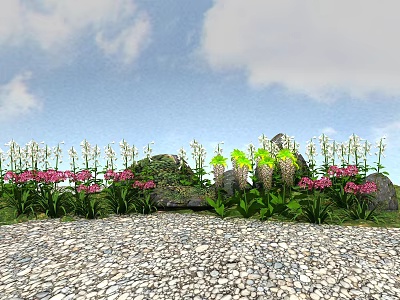 Pebble Ground with Flowers Plants Green Foliage Pink White Blooms and Stones Under Blue Sky 3d model