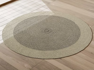 Round Woven Rug With Beige And Dark Gray Concentric Circles On Wooden Floor 3d model