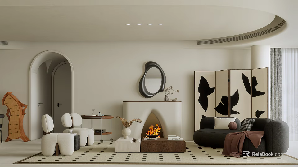 Modern Living Room Interior With Fireplace Round Mirror Sofa And Screen Partition 3d model 