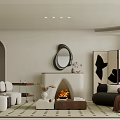 Modern Living Room Interior With Fireplace Round Mirror Sofa And Screen Partition