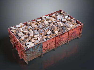 Rusty Metal Bin Filled With Stacked Firewood Logs And Wood Pieces 3d model