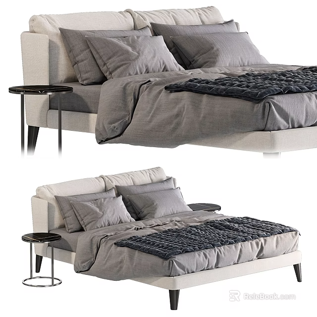 Modern Double Bed Interior With Gray Bedding Pillows Blanket And Nightstand 3d model 