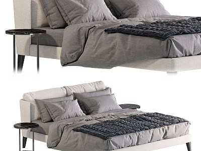 Modern Double Bed Interior With Gray Bedding Pillows Blanket And Nightstand 3d model