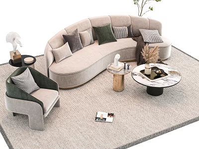 Modern Beige Curved Sofa and Coffee Table Set with Green Cushions Armchair Round Marble Top 3d model