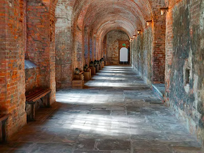 Elevator Hallway With Arched Red Brick Walls Stone Floor Benches And Natural Light 3d model