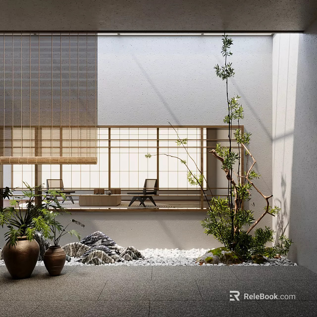 Traditional Karesansui Zen Garden With Stones Sand Plants And Japanese Lattice Window 3d model 