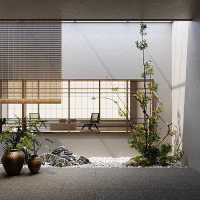 Traditional Karesansui Zen Garden With Stones Sand Plants And Japanese Lattice Window 3d model