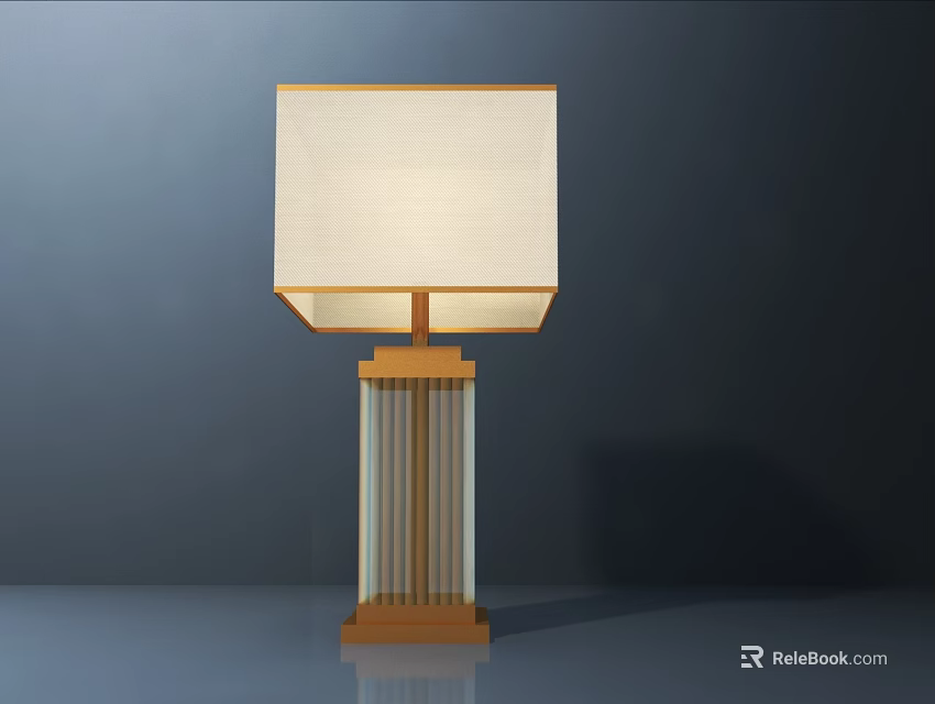 Modern Table Lamp With Square Fabric Shade And Golden Vertical Striped Base 3d model 