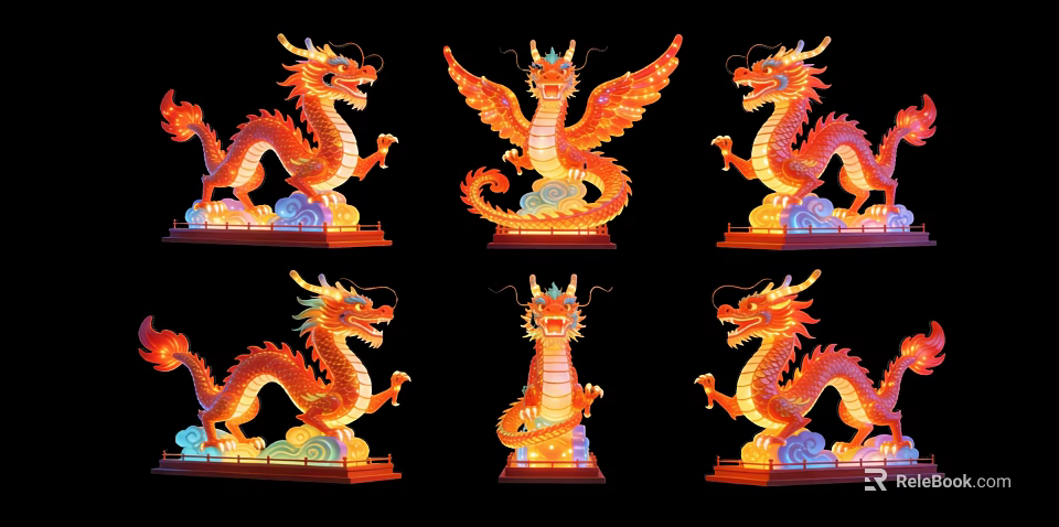 Colorful Dragon And Phoenix Art Installation With Vibrant Illuminated Design And Traditional Mythical Elements 3d model 