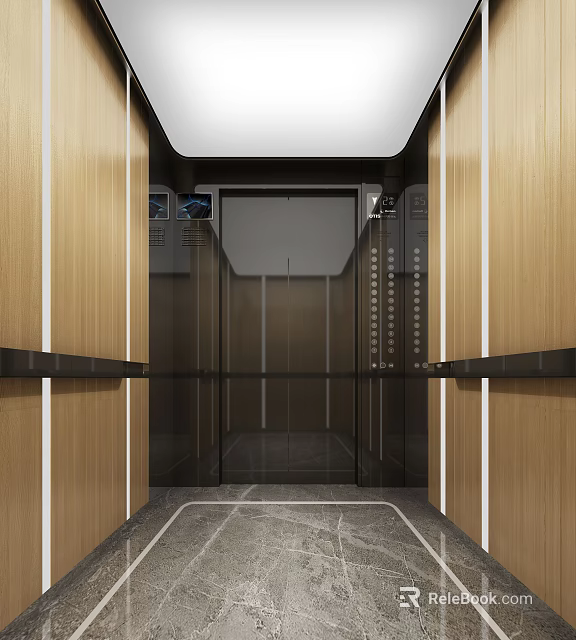 Modern Elevator Cab Interior With Wooden Panels Metallic Buttons And Recessed LED Lighting 3d model 