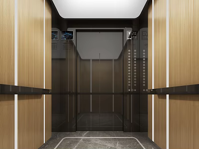 Modern Elevator Cab Interior With Wooden Panels Metallic Buttons And Recessed LED Lighting 3d model