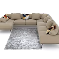 Beige L shaped Sectional Sofa with Decorative Cushions on Modern Patterned Rug 3d model