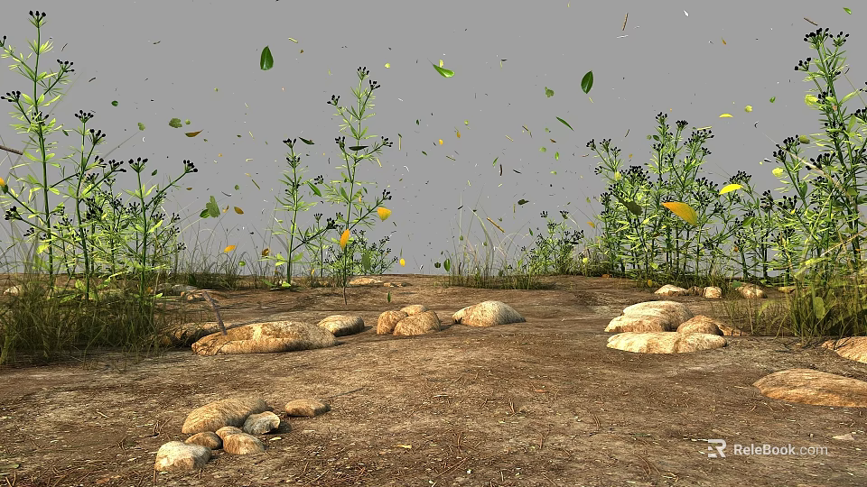 Natural Outdoor Scene With Stones Green Plants And Falling Leaves On Ground 3d model 