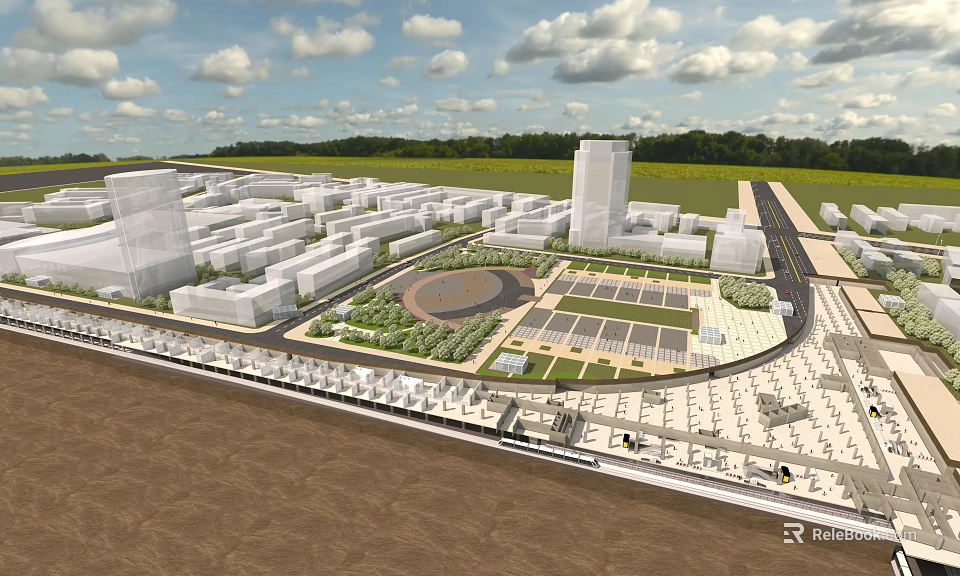 Modern Transport Station Hub With Surrounding Buildings Green Spaces And Solar Panels 3d model 