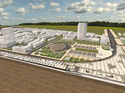 Modern Transport Station Hub With Surrounding Buildings Green Spaces And Solar Panels 3d model