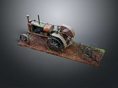 Vintage Rusty Tractor Model With Plow Attached On Display Base Set Against Gray Background 3d model