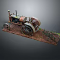 Vintage Rusty Tractor Model With Plow Attached On Display Base Set Against Gray Background 3d model